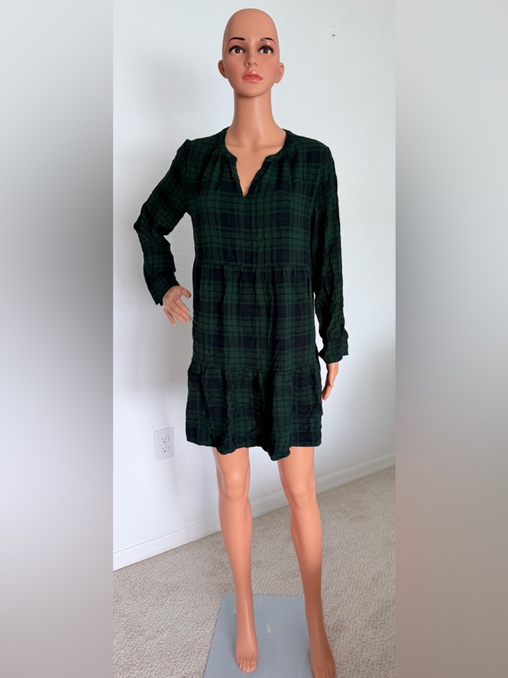 LOFT Dark Green Plaid Long Sleeve Tiered Dress